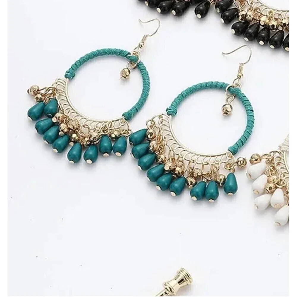 Woven Bohemian Tasseled Earrings In Teal